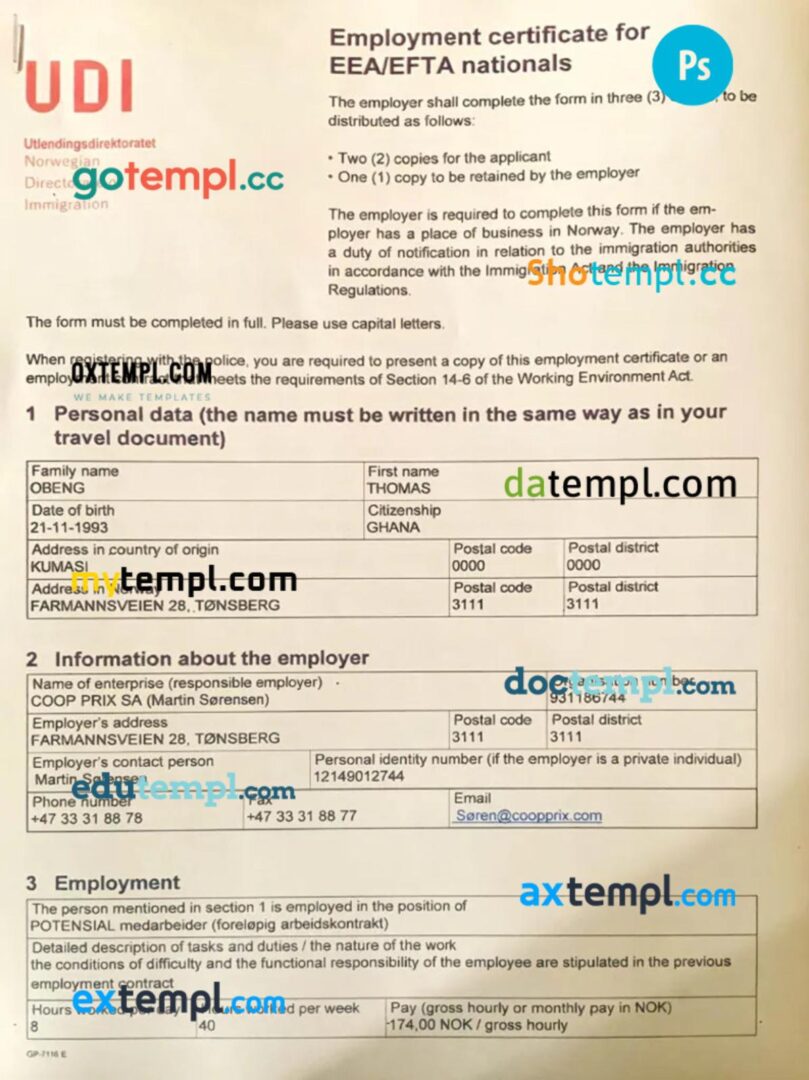 Norway work permit template in PSD format