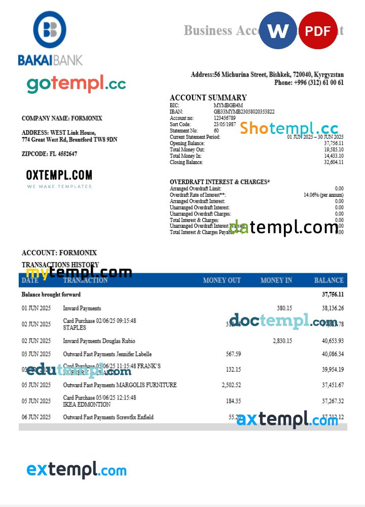 OJSC Bakai organization checking account statement Word and PDF template