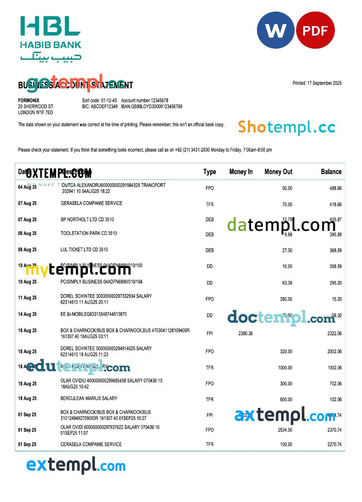 Pakistan Habib business checking account statement Word and PDF template
