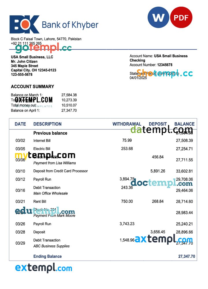 Pakistan The Bank of Khyber enterprise account statement Word and PDF template
