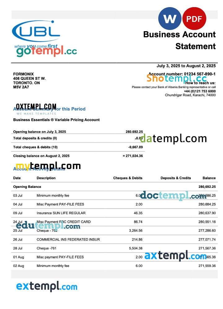 Pakistan UBL enterprise account statement Word and PDF template