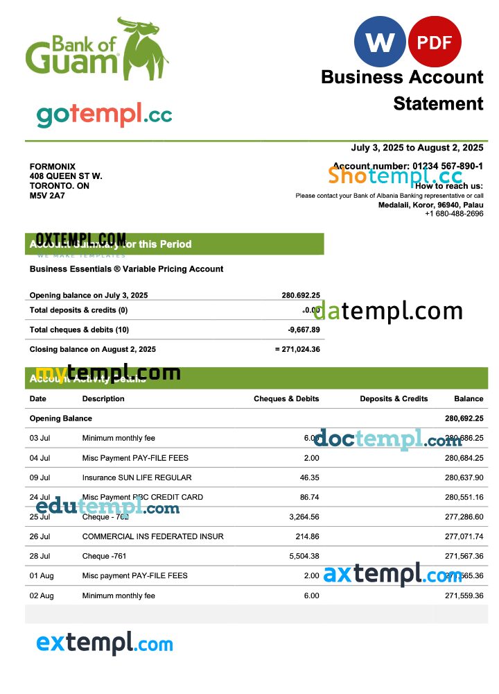Palau Bank of Guamanian company checking account statement Word and PDF template
