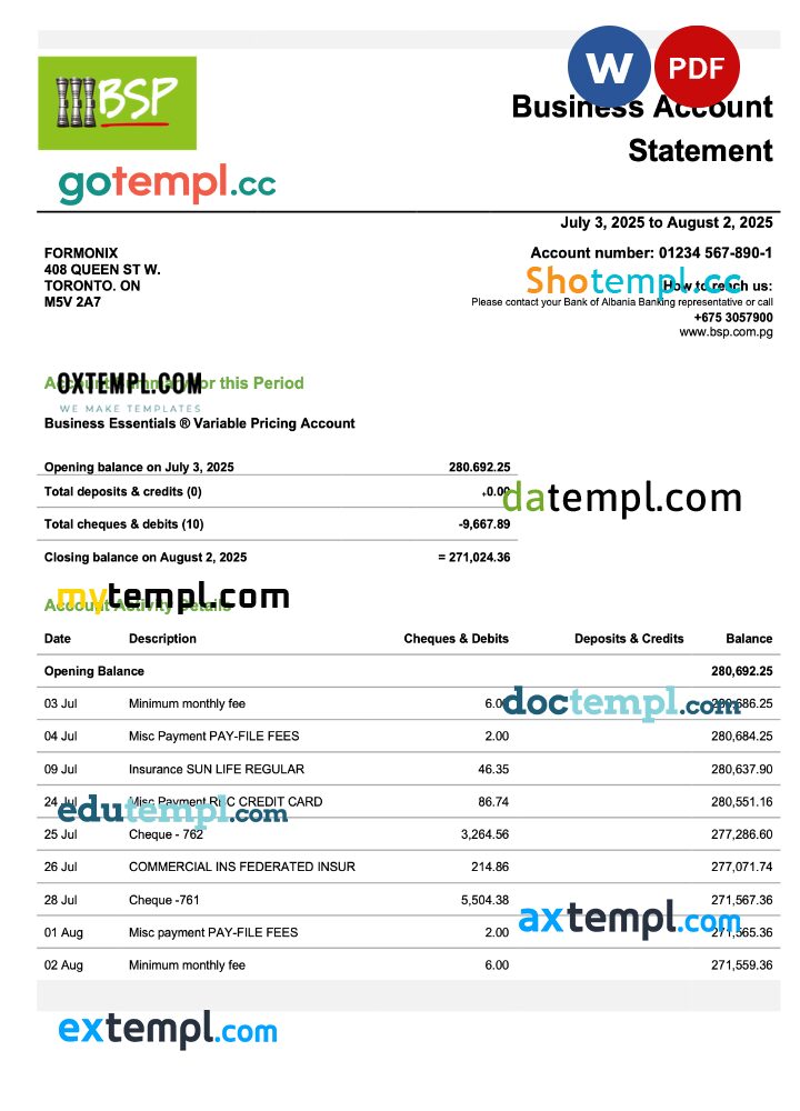 Papua New Guinea BSP firm checking account statement Word and PDF template
