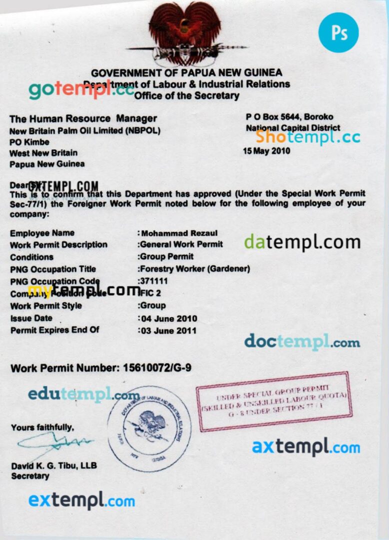 Papua New Guinea Work Visa permit template in PSD format