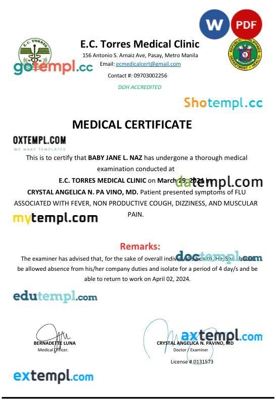 Philippines Medical certificate in Word and PDF format