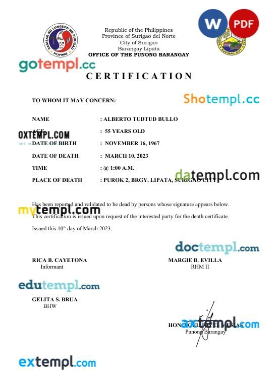 Philippines Office of the Punong Barangay birth certificate in Word and PDF format
