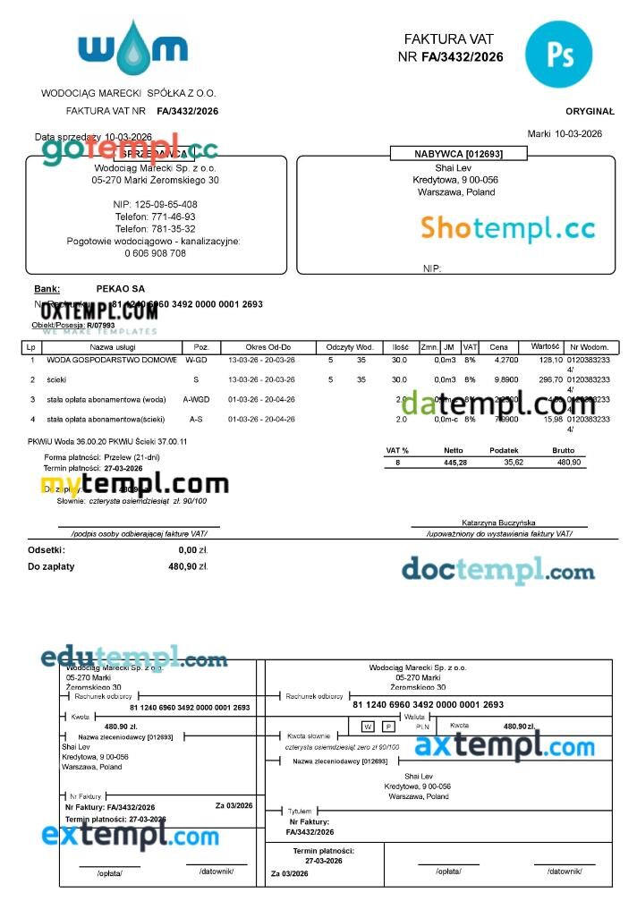 Poland Water utility bill template, fully editable in PSD format