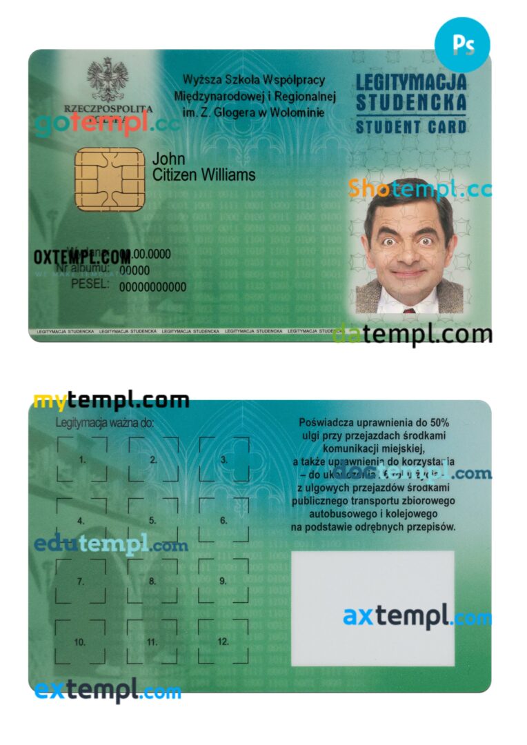 Poland student card template in PSD format