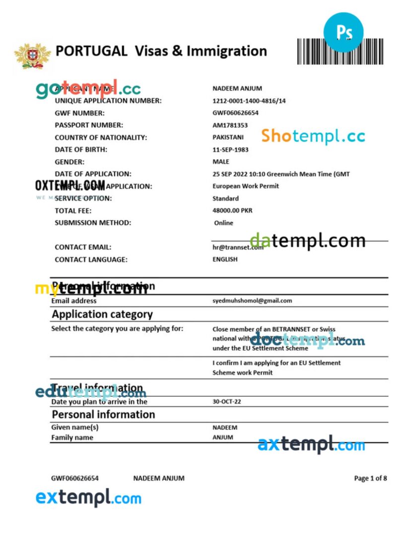 Portugal work visa permit template in PSD format