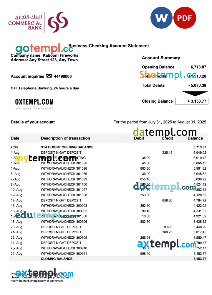 Qatar Commercial business account statement Word and PDF template