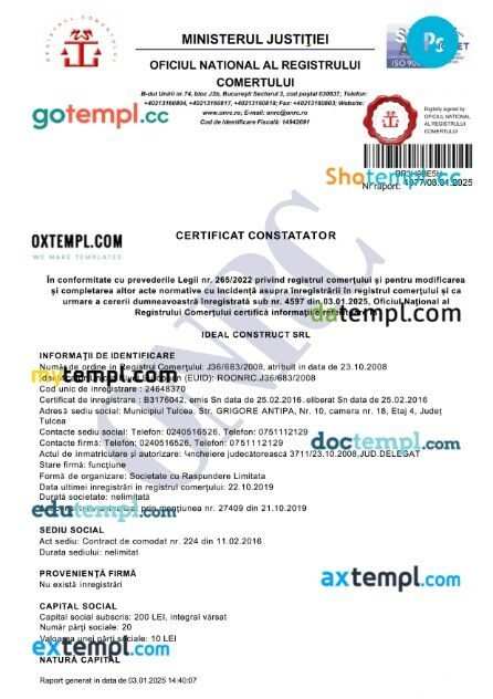 Romania Ministerul Justiţiei Oficiul National Al Registrului Comertului company certificate PSD template