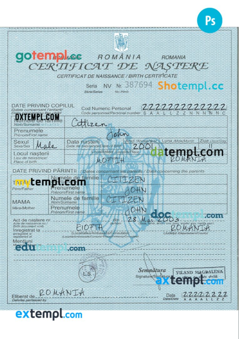 Romania birth certificate in PSD format, version 2