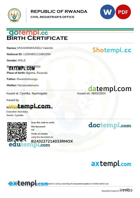 Rwanda birth certificate in Word and PDF format, version 2