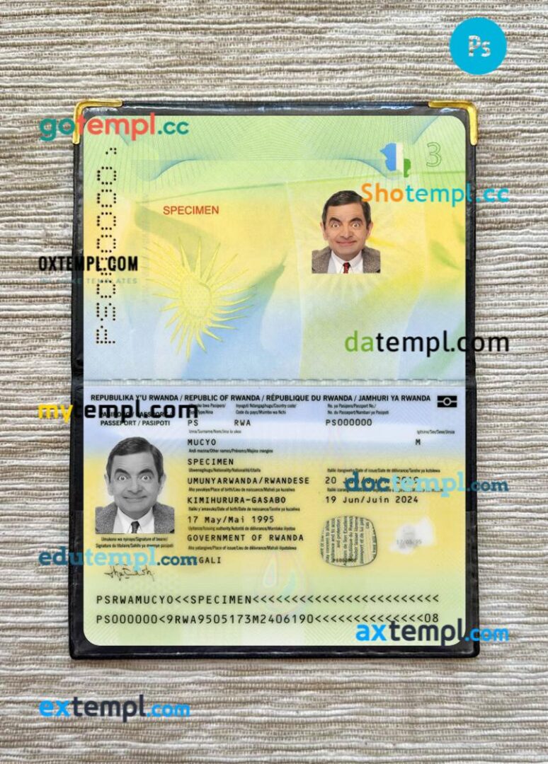 Rwanda passport PSD files with address page, scan and photo-realistic look, 2019-present