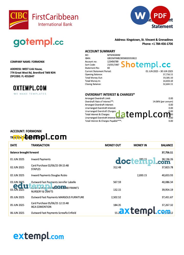 Saint Vincent and The Grenadines Firstcaribbean International firm account statement Word and PDF template