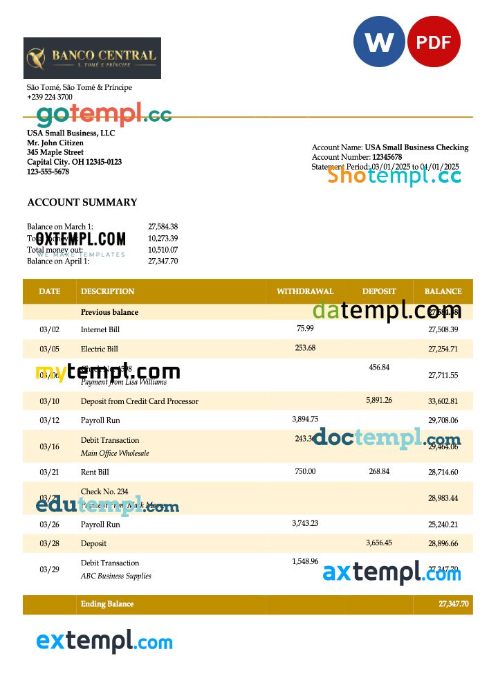 Sao Tome and Principe Banco Central de S.Tome e Principe firm account statement Word and PDF template