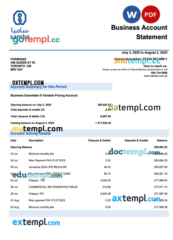 Saudi Arabia Samba firm account statement Word and PDF template