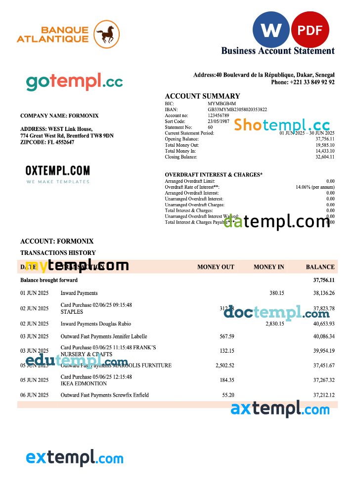 Senegal Banque Atlantique company checking account statement Word and PDF template