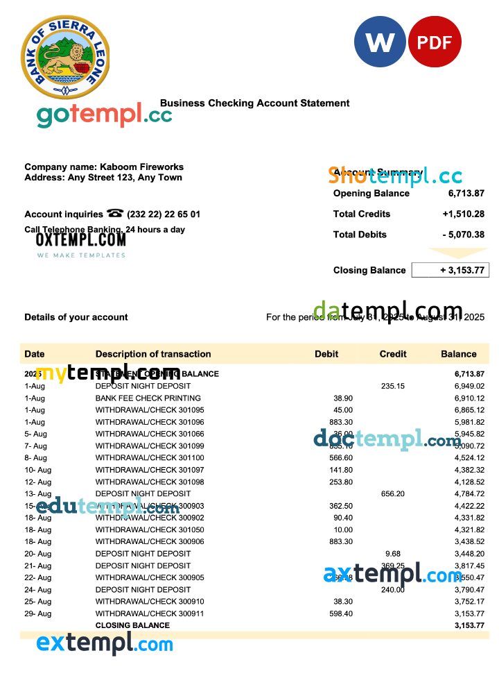 Sierra Leone Bank of Sierra Leone business checking account statement Word and PDF template