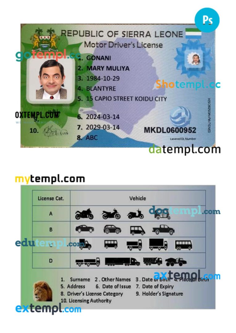 Sierra Leone driving license PSD editable template, 2019-present