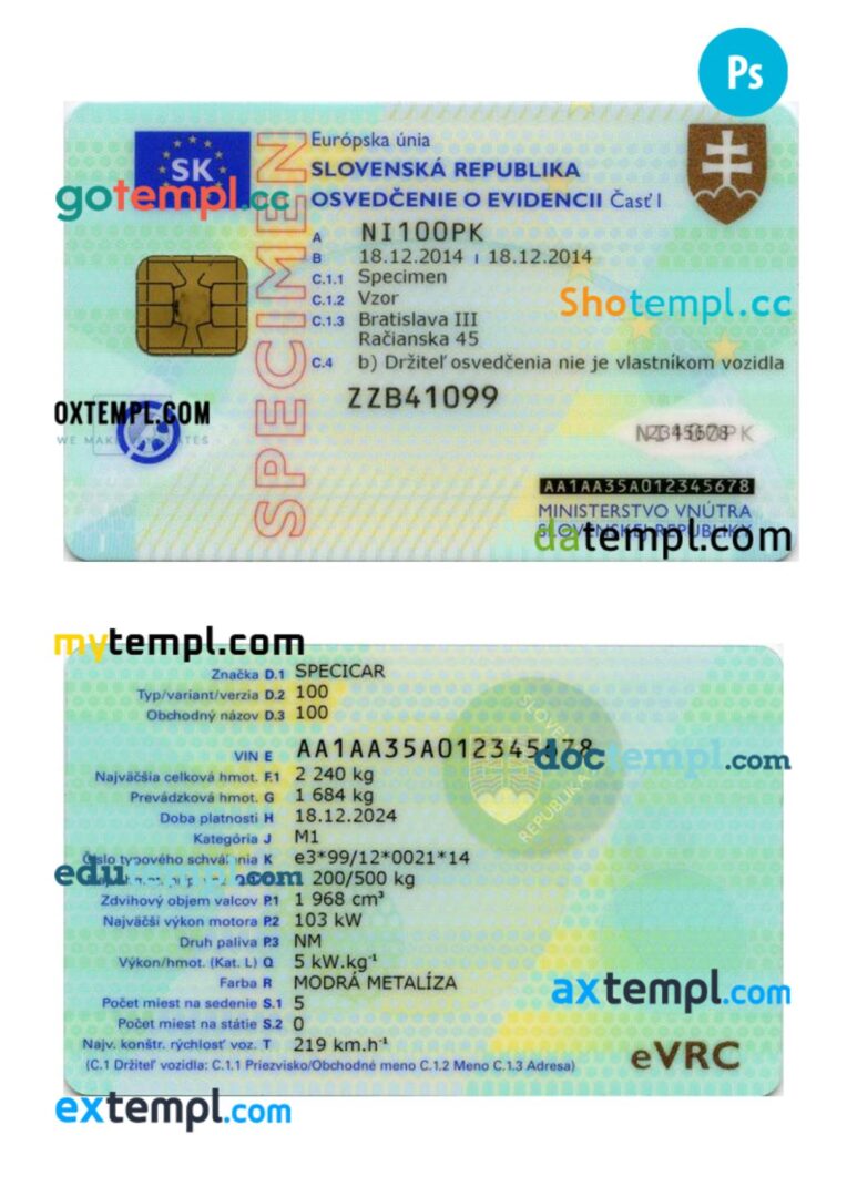 Slovakia vehicle registration card in PSD format