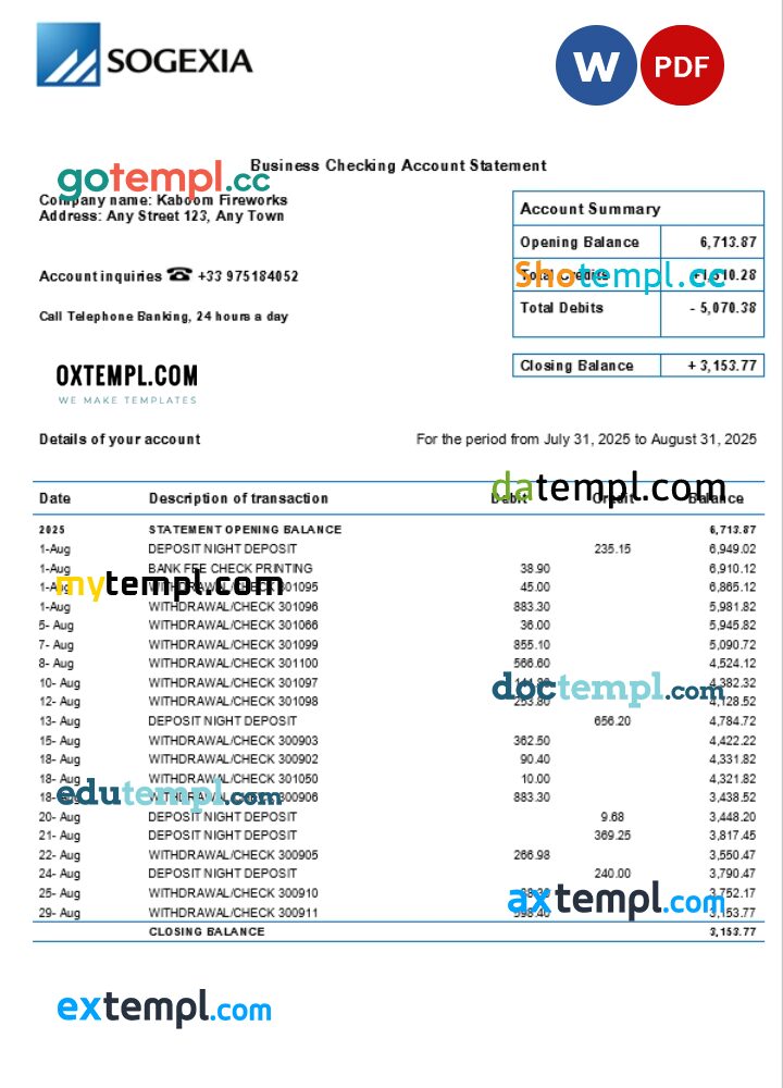 Sogexia organization checking account statement Word and PDF template