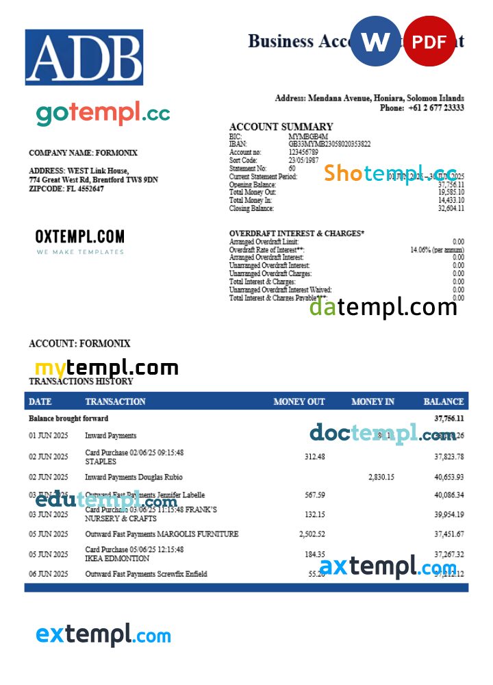 Solomon Islands ADB corporate account statement Word and PDF template
