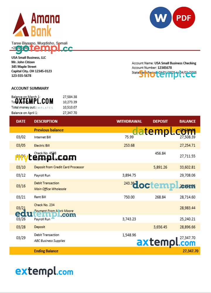 Somalia Amana business checking account statement Word and PDF template