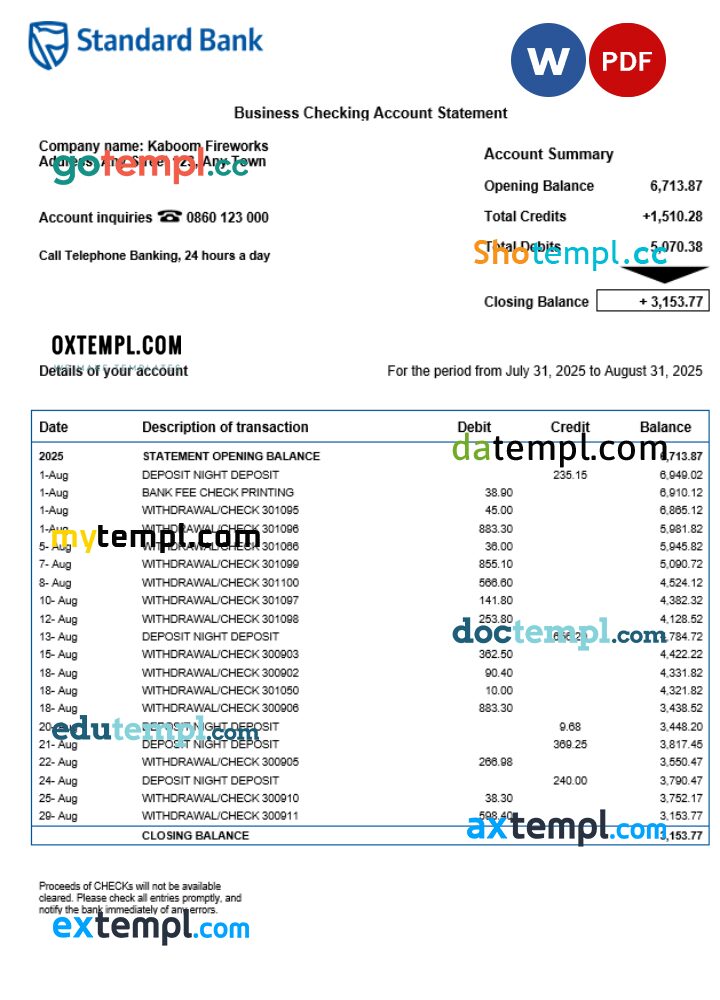 South African Standard organization statement Word and PDF template