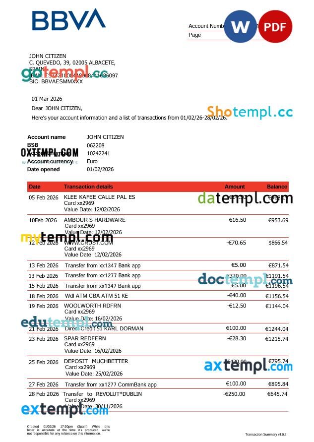 Spain BBVA bank statement template in Word and PDF format