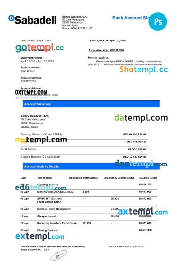 Spain Sabadell Bank statement template in PSD format