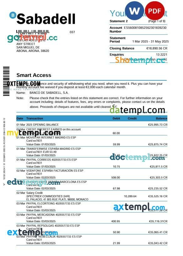 Spain Sabadell bank statement 3 month Word and PDF template, 9 pages