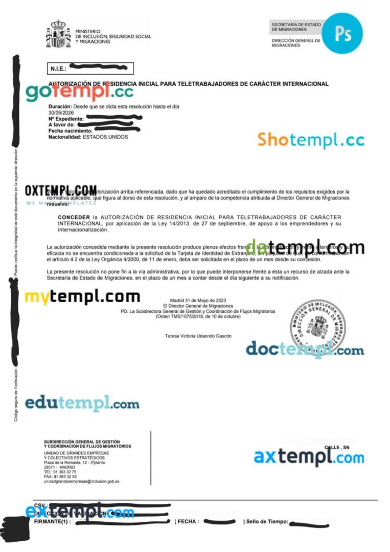 Spain work permit template in PSD format