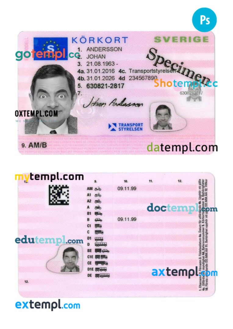 Sweden driving license PSD editable template, 2016-present