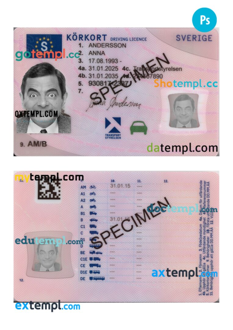 Sweden driving license PSD editable template, 2025-present