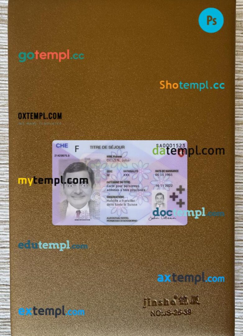 Switzerland residence permit card editable PSD files, scan look and photo-realistic look, 2 in 1