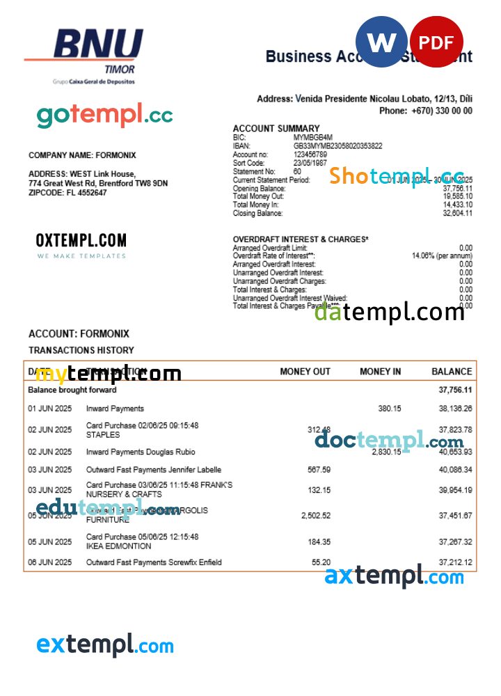 Timor-Leste BNU firm checking account statement Word and PDF template
