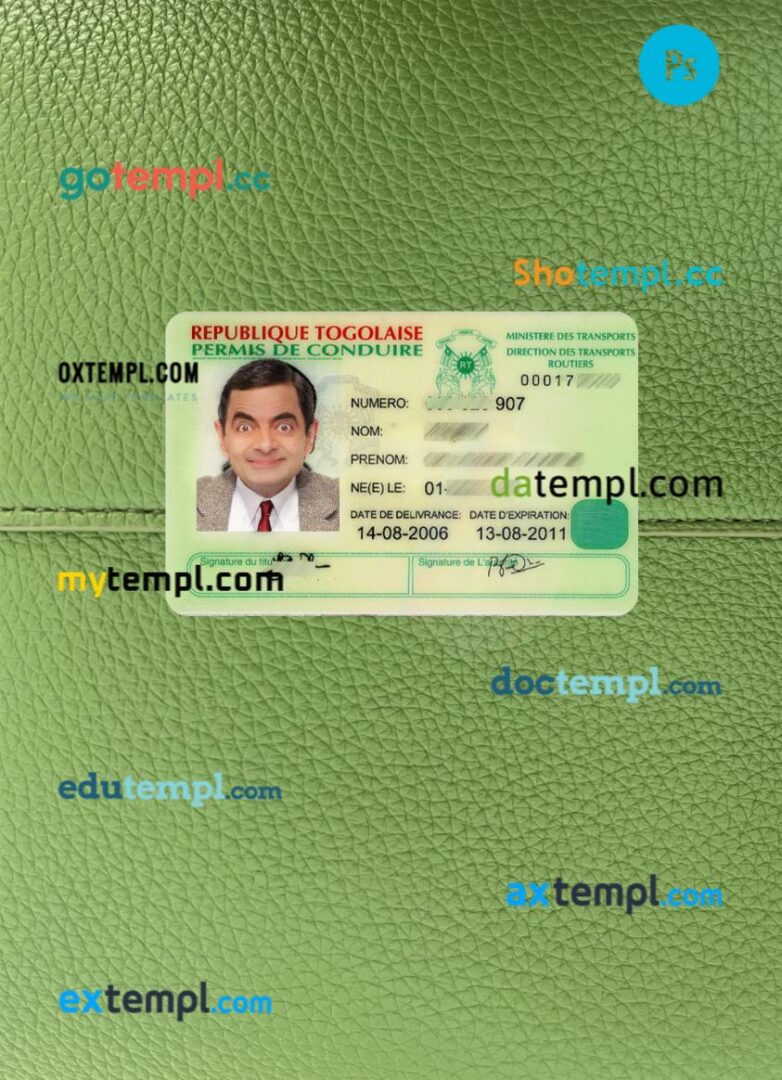 Togolaise driving license PSD files, scan look and photographed image, 2 in 1
