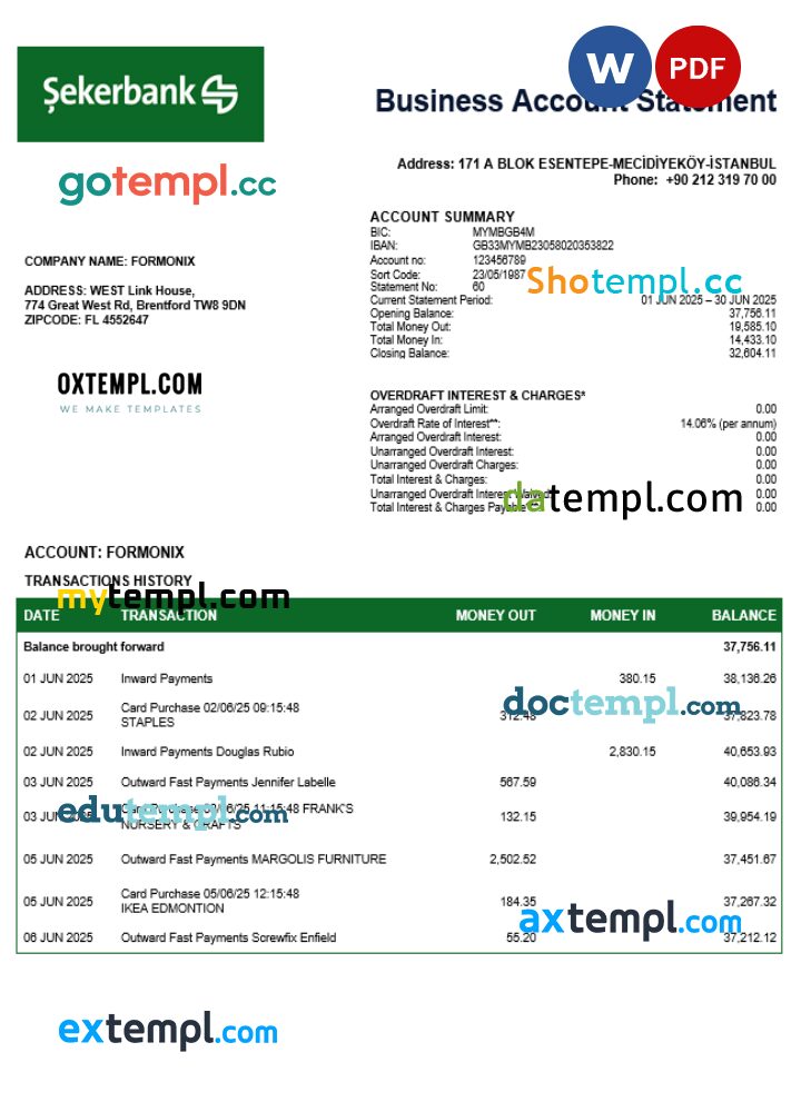 Turkish Sekerbank firm checking account statement Word and PDF template