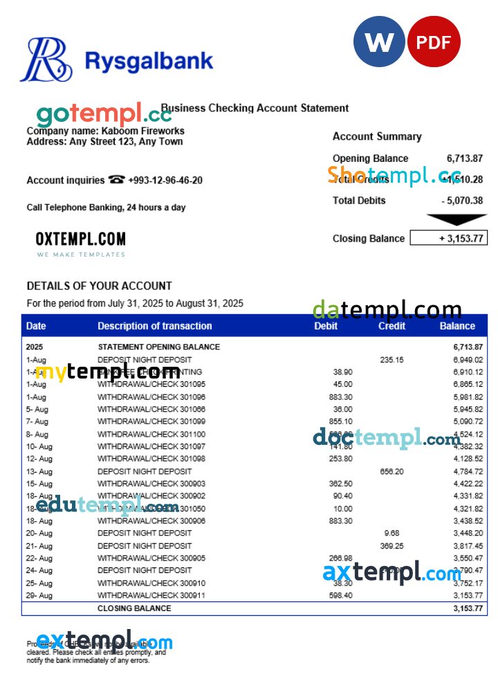 Turkmenistan Rysgal firm account statement Word and PDF template
