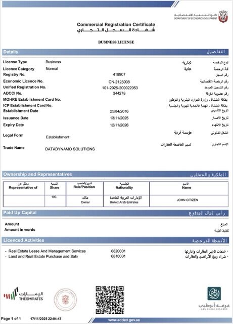 UAE Dubai business license Word and PDF template, version 3