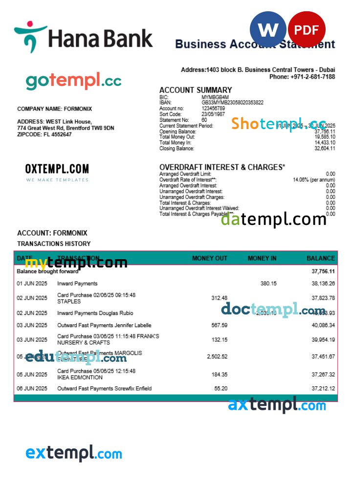UAE Keb Hana company checking account statement Word and PDF template
