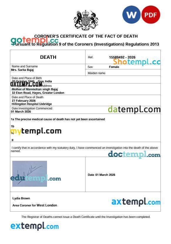 UK London Uxbridge death certificate in Word and PDF format