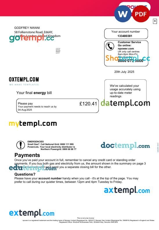 UK NPower energy utility bill in Word and PDF format