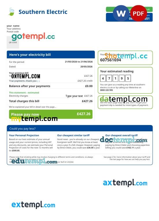 UK Southern Electric electricity utility bill in Word and PDF format