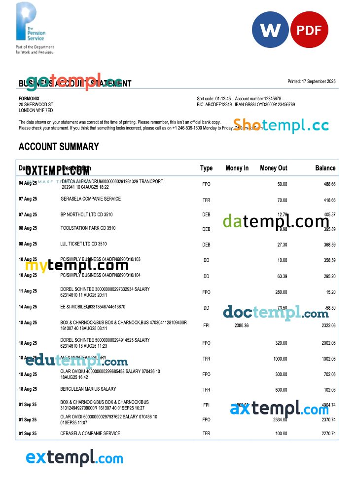 UK The Pension Service firm account statement Word and PDF template