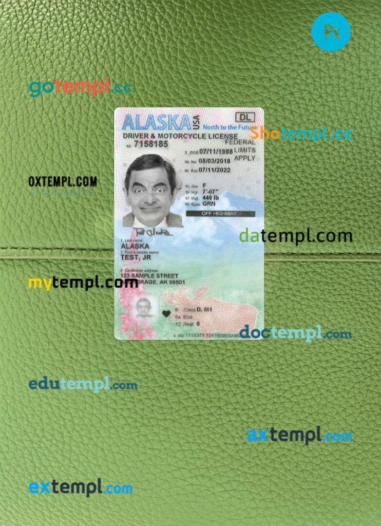 USA Alaska under 21 driving license PSD files, scan look and photographed image, 2 in 1