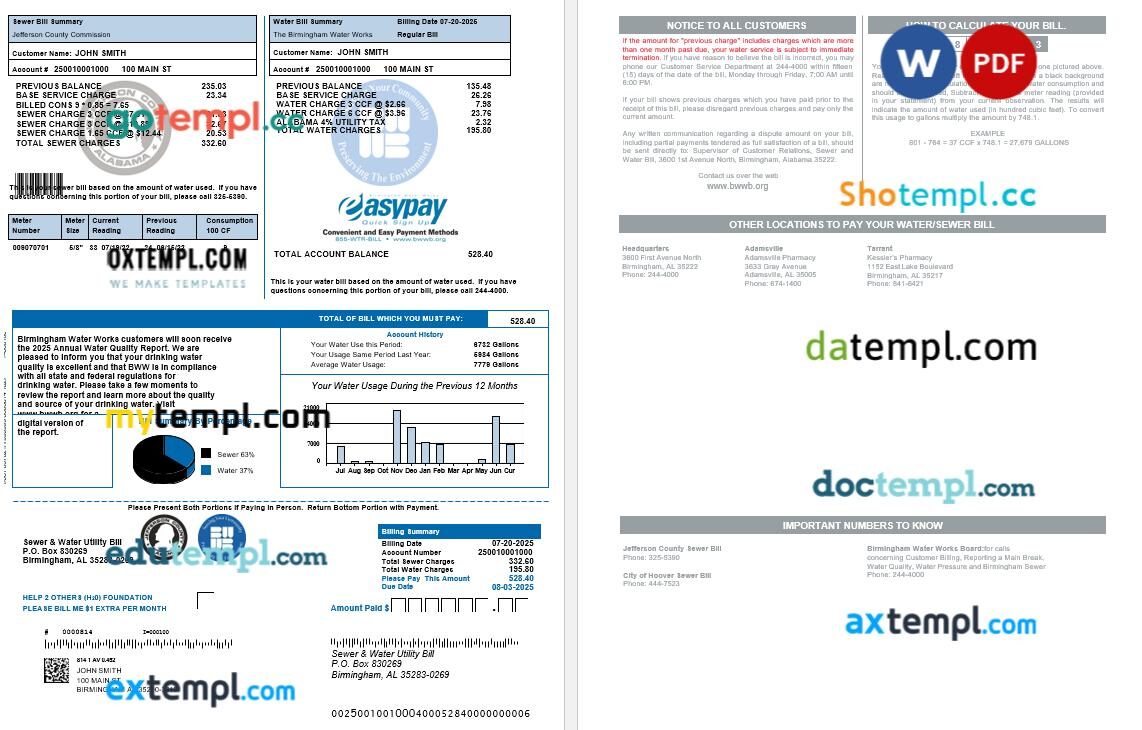 USA Birmingham Water Works utility bill in Word and PDF format