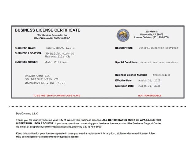 USA California business license certificate Word and PDF template