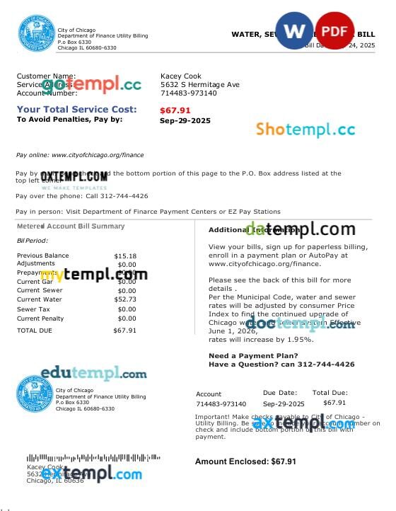 USA City of Chicago Water, Sewer, Garbage, Tax utility Bill in Word and PDF format